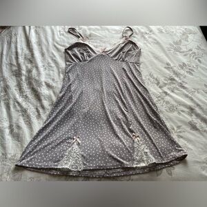 Y2K Gray Polka Dot Babydoll Mini Slip Dress Large Coquette Dainty Feminine Retro